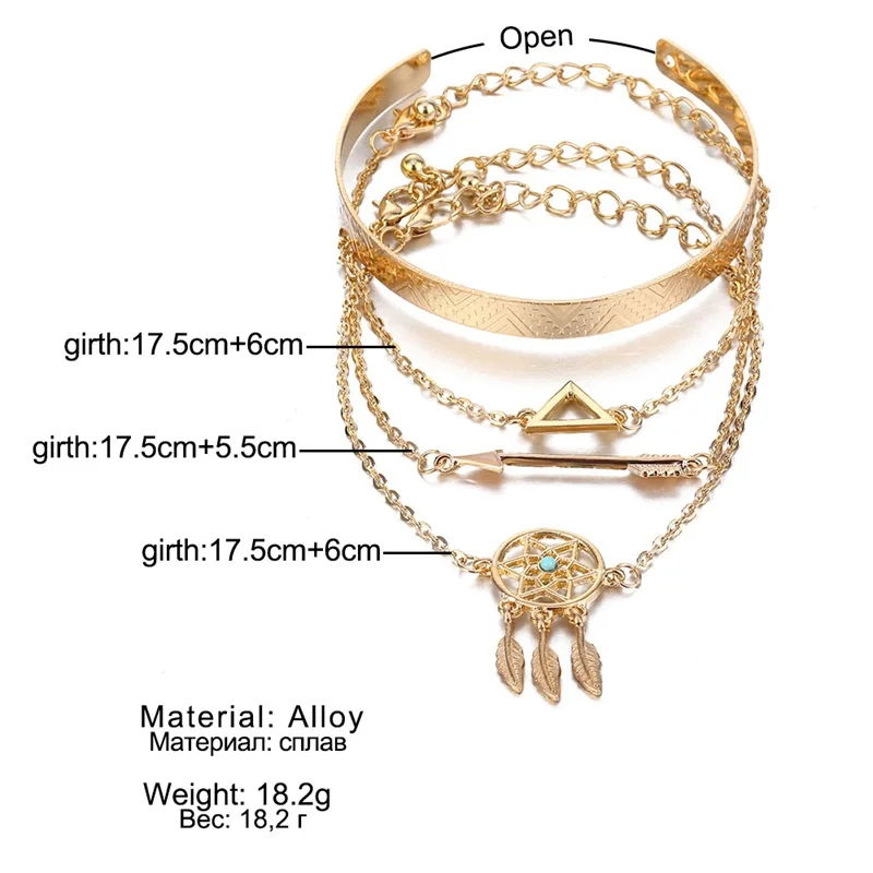 KISSWIFE 4 Pcs/Set Vintage Geometric Arrow Crystal Chain Gold Bracelets Ladies Bohemian Beach Bangle Jewelry | Украшения и