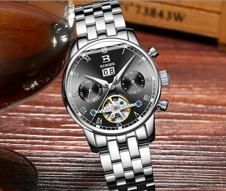 Швейцарские Бингер мужские часы люксовый бренд Tourbillon fulll из нержавеющей стали водонепроницаемые механические наручные часы B-8604-6