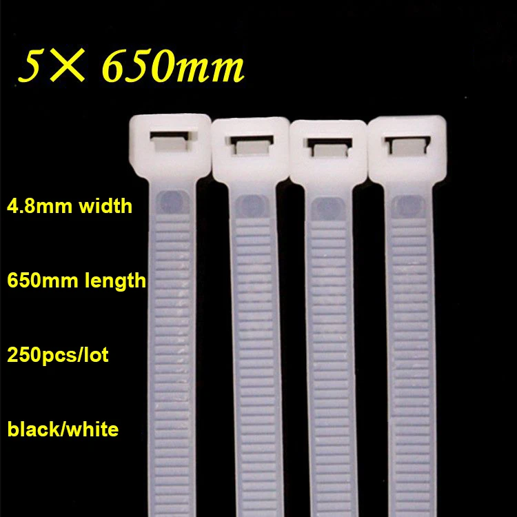 

250pcs/lot Self-Lock Type Plastic Nylon Cable Tie National Standard Cable Wire Fixed White/Black Wire Zip lock tie 5*650mm