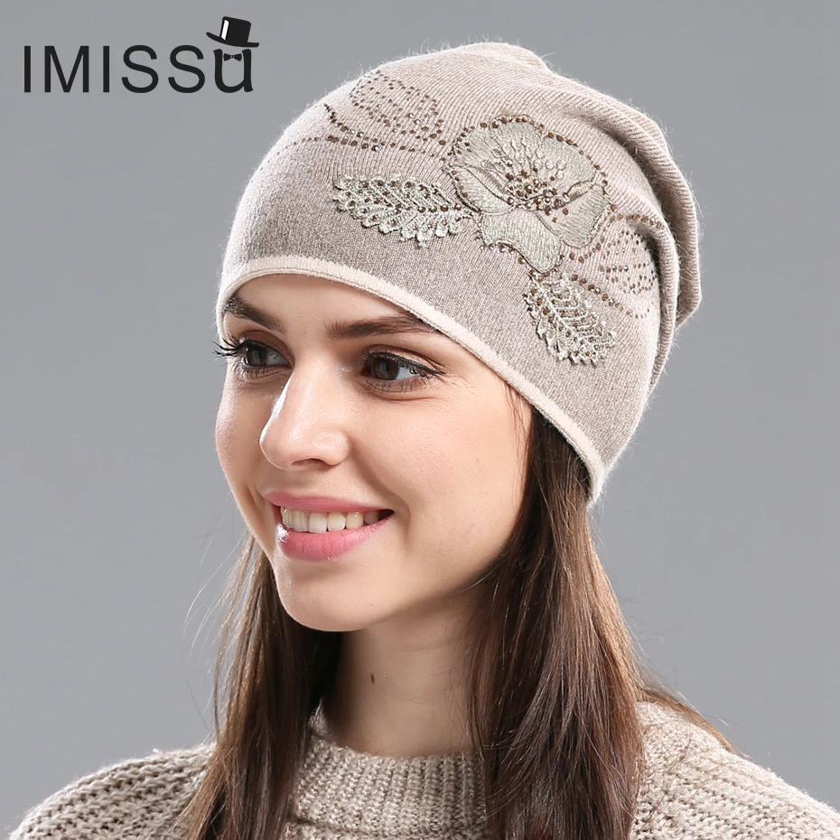 

IMISSU Women's Winter Hats Hot Sale Gorros for Female Knitted Wool Casual Beanie Cap with Flower Pattern Gorros Thick Warm Hat