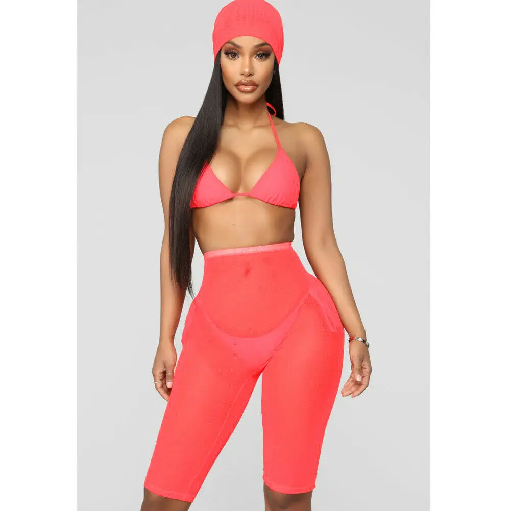 Red Shorts Женские пляжные сетчатые прозрачные эластичные Купальники с высокой талией для активного спорта, танцев, велоспорта, короткое бикини, закрывающие шорты - Цвет: Red Shorts