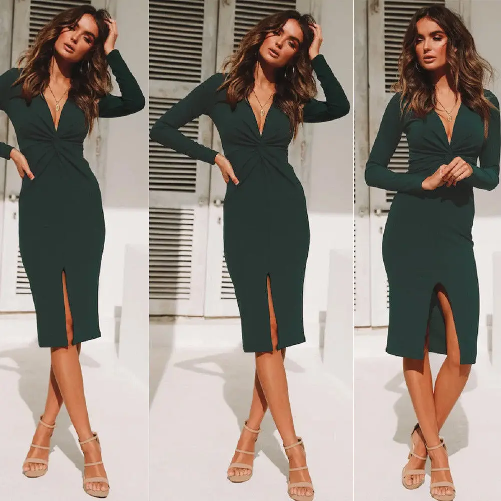 Модное женское облегающее платье карандаш осеннее с v образным вырезом и