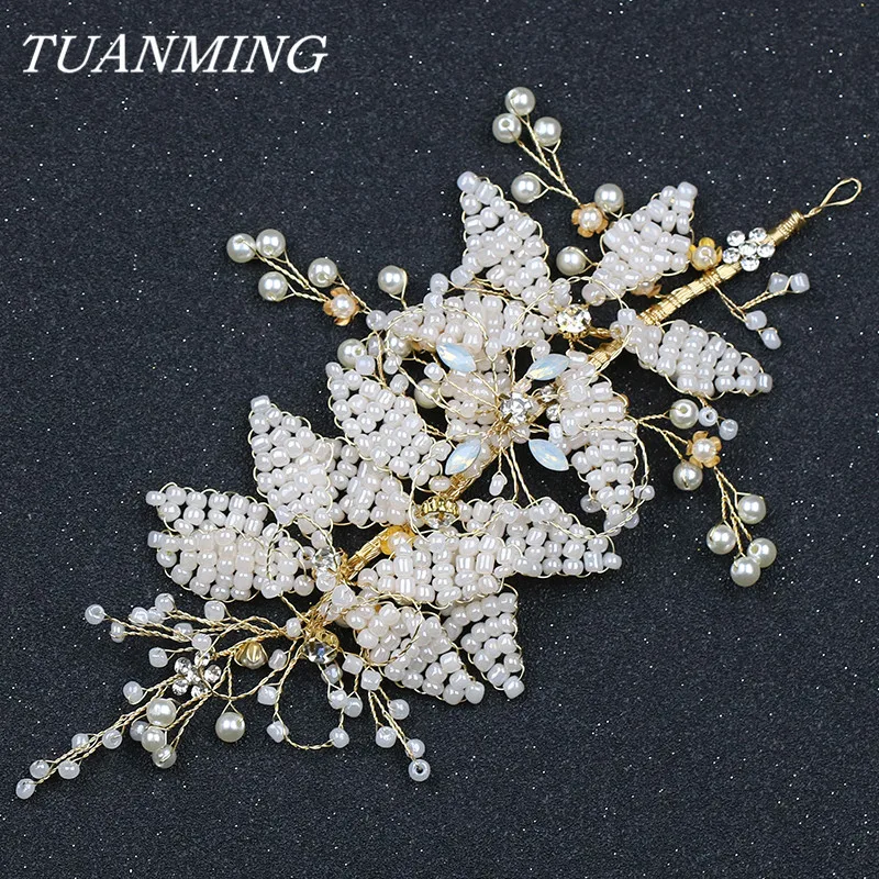 New Design Pearl Bride Headband Gold Headpiece Elegant Flower For Girl Women Wedding Hair Accessories |