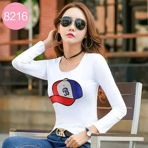 8216 White Новинка, Женская Весенняя уличная Модная белая футболка с круглым вырезом и длинным рукавом с модным принтом, топы, женские повседневные стразы, футболки - Цвет: 8216 White
