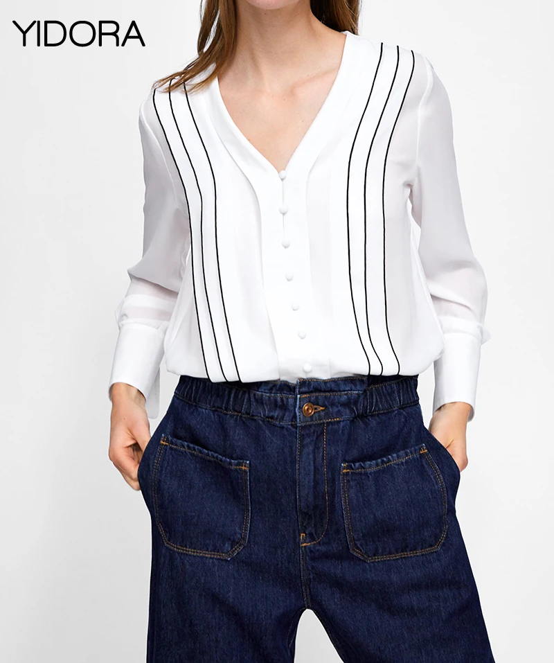 Рубашка с длинным рукавом и V-образным вырезом контрастной отделкой застежкой на