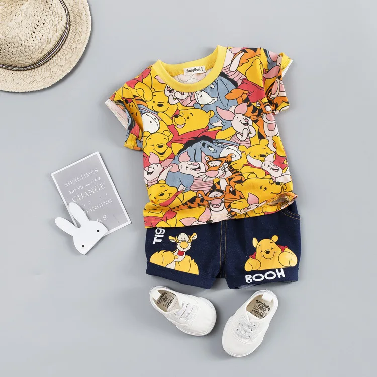 Summer Short sleeve baby printed cartoon casualset girl and boy o-neck Baby's Sets 6-24 month Cotton Suits clothes | Детская одежда