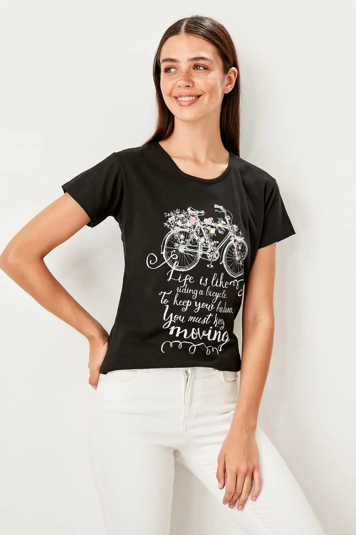 Trendyol черные Базовые Трикотажные футболки с принтом TWOSS19TS0453|Футболки| |