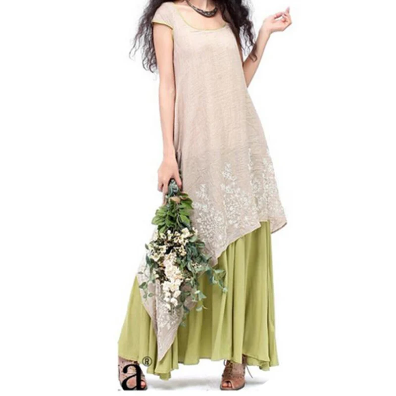 Длинное льняное платье с вышивкой винтажное Хлопковое коротким рукавом и