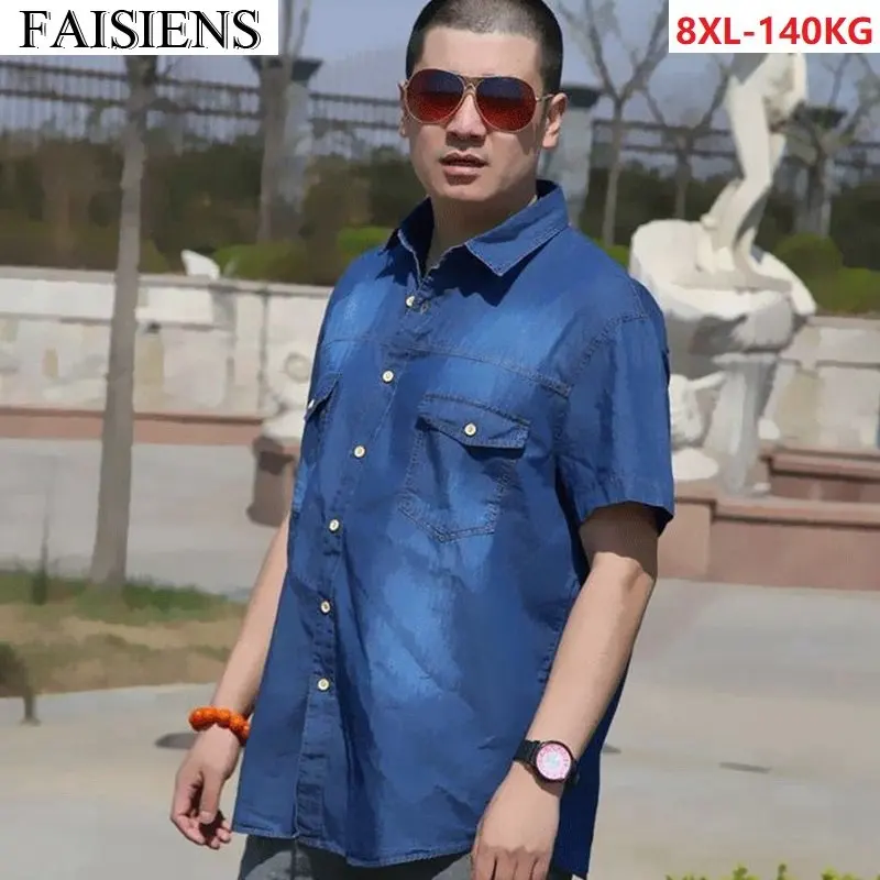 8XL плюс Размеры большой Для Мужчин's Джинсовые рубашки короткий рукав хлопковая рубашка для Для мужчин карман; летняя одежда для пап футболки 567XL 9XL Повседневное рубашки для мальчиков
