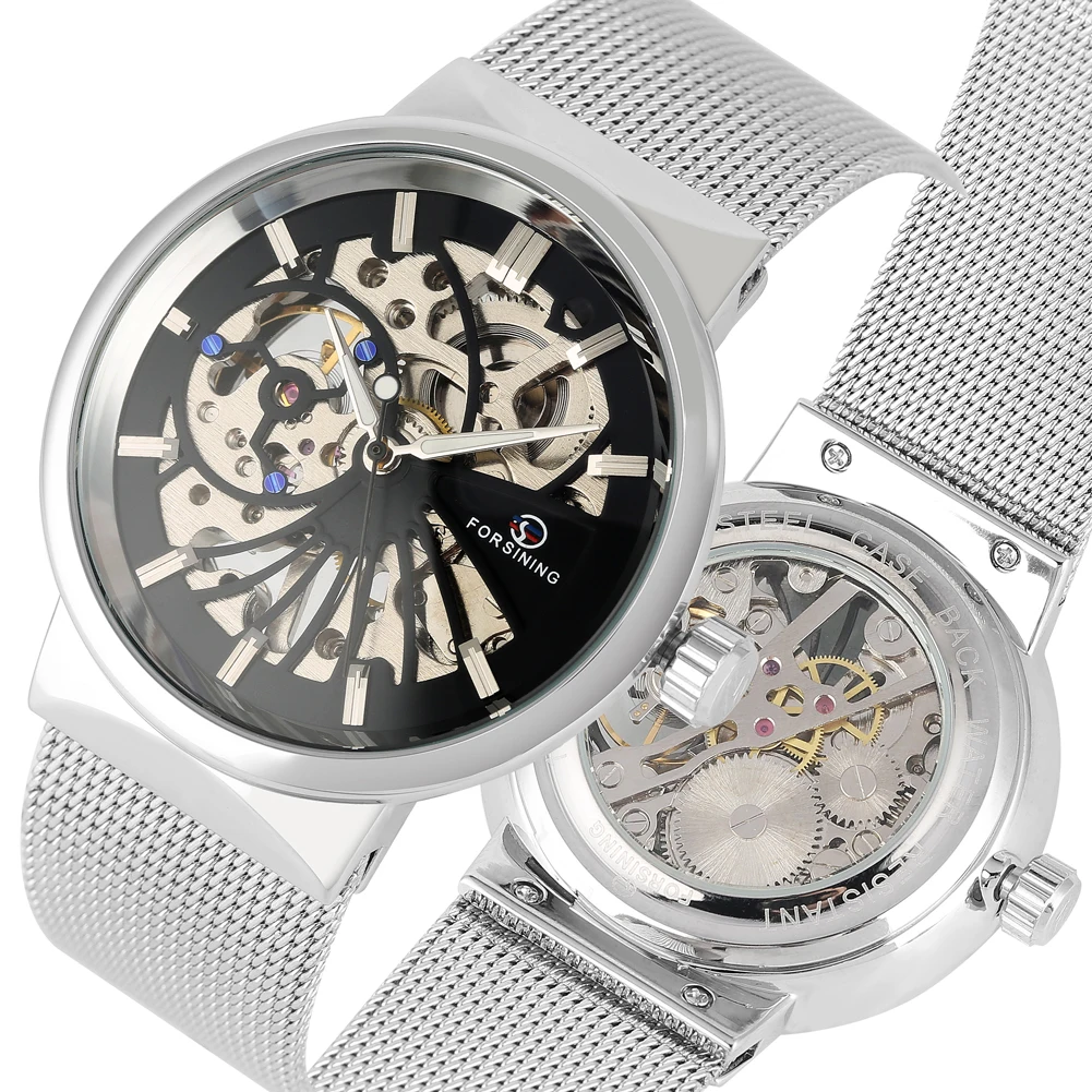 Модные специальные механические часы для мужчин с серебряной стальной сеткой и