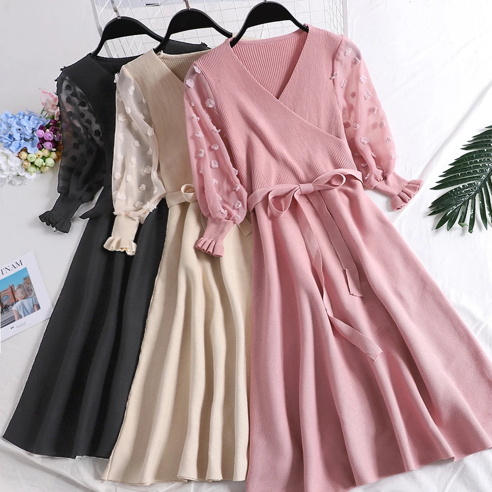 

Women Autumn V-neck Knitted Chiffon Pullover Elastic Floral Bow Dress Vintage Bandage Strap Lantern Sleeve Waist One-piece Dress