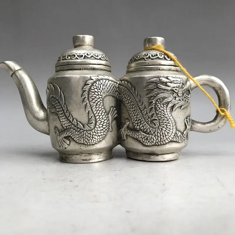 

Китайский тибетский серебряный двойной чайник ручной работы резьба статуя дракона