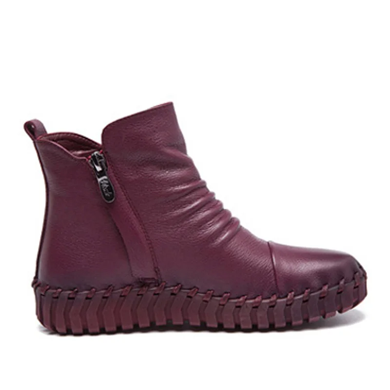 

BEYARNE Winter Warm Short Plush Women Boots 2018 Autumn Fashion Genuine Leather Sewing Ankle Boots Zipper Soft Flat Shoes