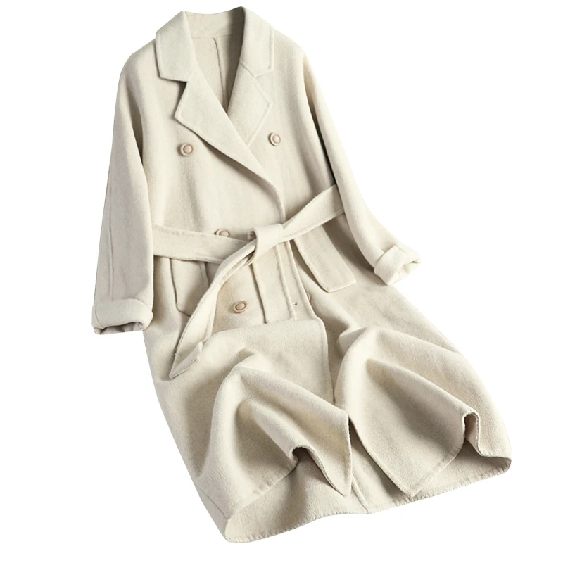 

100% Cashmere coat double-sided wool overcoat mid-long anti-season suit skinny collar Korean version beige coats