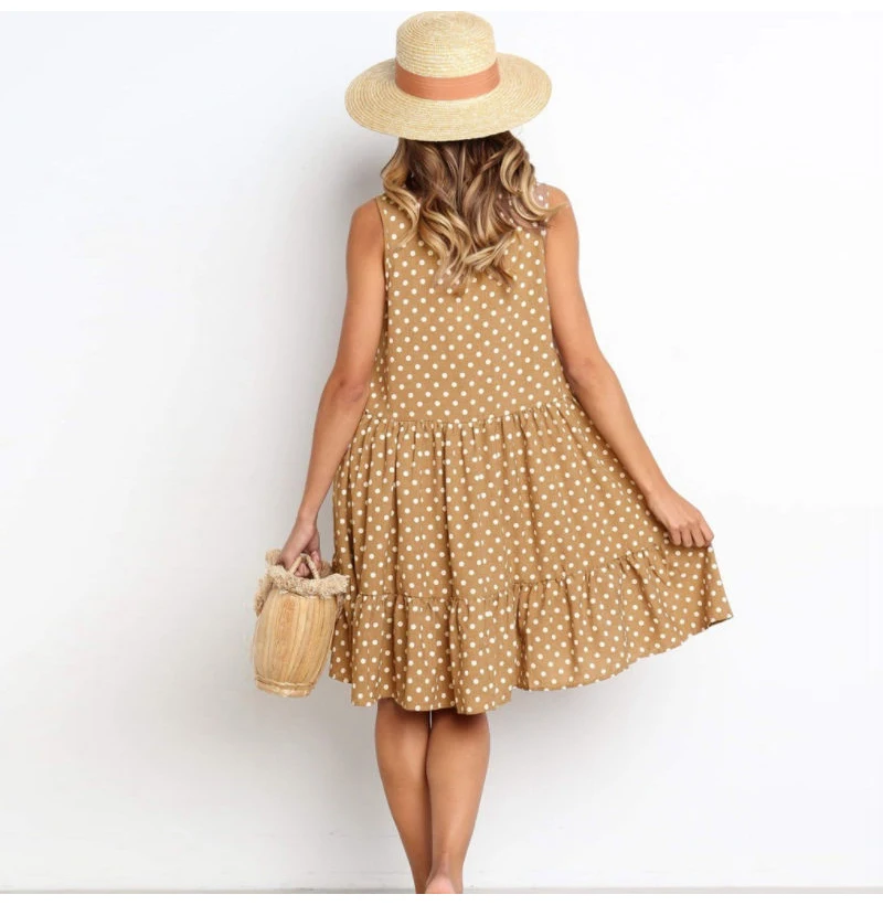 Vestidos, сексуальное ДРАПИРОВАННОЕ женское платье, новинка, летнее, без рукавов, повседневное, ТРАПЕЦИЕВИДНОЕ, свободное, в горошек, с принтом, Пляжное, короткое, мини, сарафан