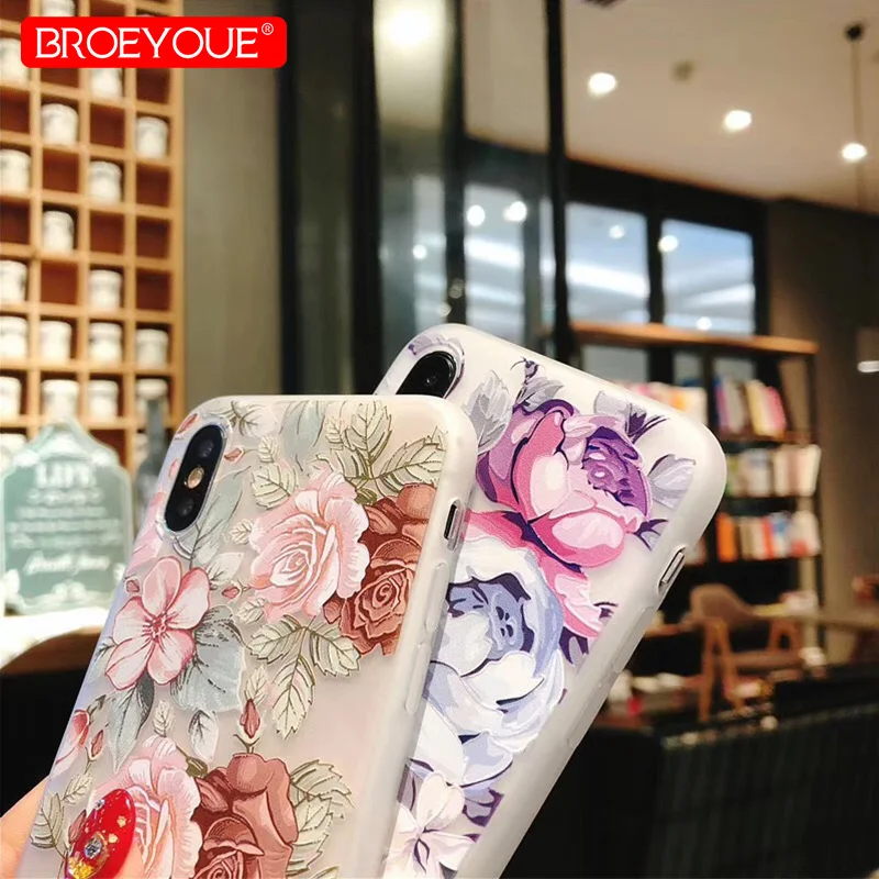 BROEYOUE чехол для iPhone X 5 5S SE 6 S 7 8 3D мягкий рельеф ТПУ Симпатичные Florals Силиконовые