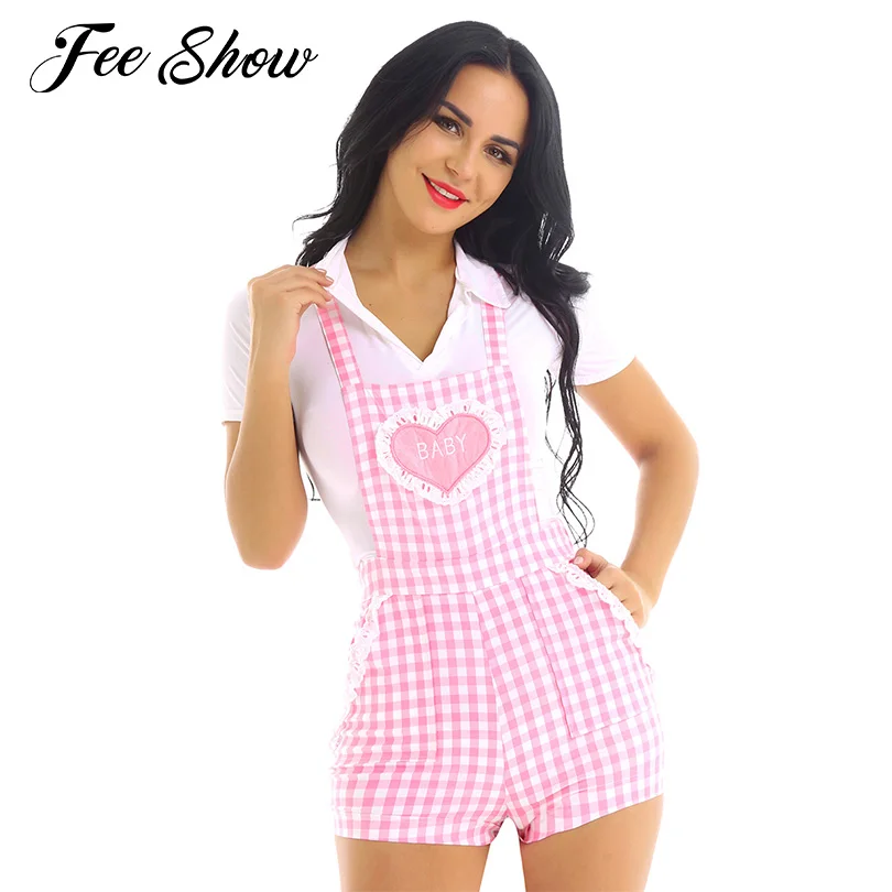 Женский короткий комбинезон в клетку розовый уличном стиле с регулируемыми