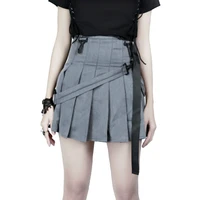 preppy style women gray pleated skirts with belt steetwear sexy high waisted short mini casual skirt