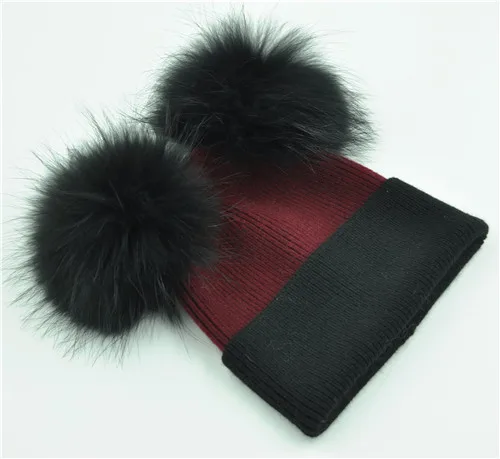 Wine red black M Новинка, зимняя теплая вязаная шапка для женщин, двойные шапки из натурального меха с помпонами, шапки из натурального меха, шапочки с помпонами, шапки с двумя меховыми помпонами - Цвет: Wine red black M