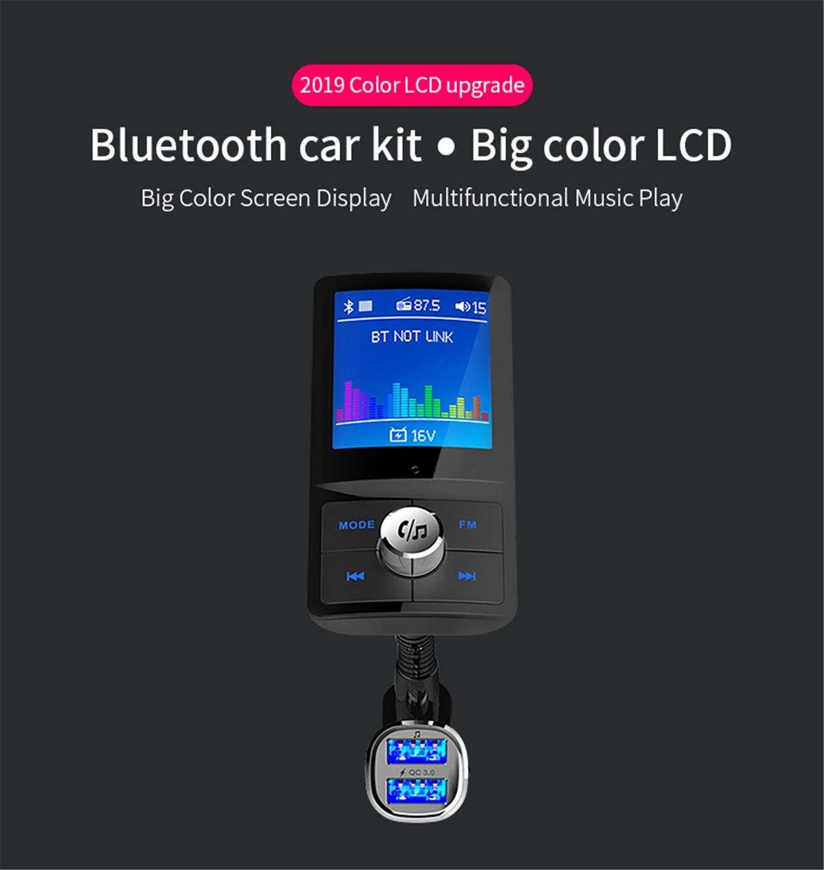 Цветной экран, fm-передатчик, Автомобильный MP3 беспроводной Bluetooth громкая связь, автомобильный комплект, аудио AUX модулятор с QC3.0, двойной USB зарядкой 34