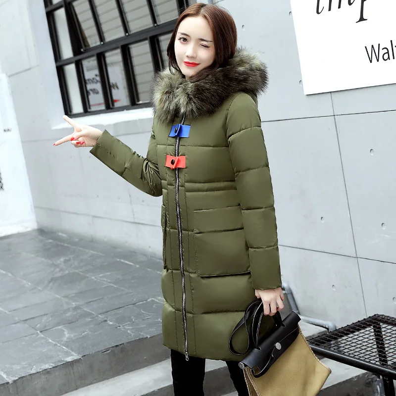 2017 new women winter pocket letter pattern long Slim Big Fur collar parkas coat Female Hooded cotton thicken warm jacket | Женская