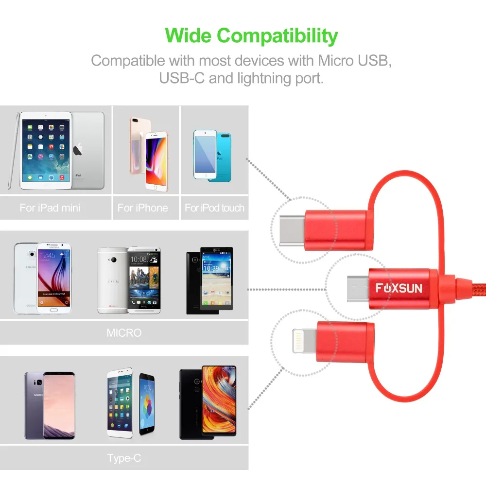 Foxsun USB кабель для iPhone X/8/7/6 MFI Сертифицированный 3 в 1 передачи данных нейлоновая