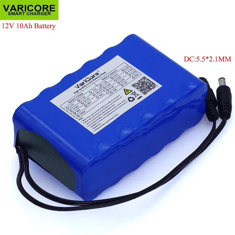 VariCore 12V 10Ah 18650 li-lon battery pack 10000mAh with BMS Circuit Protection Board DC 5.5*2.1mm high capacity backup power |