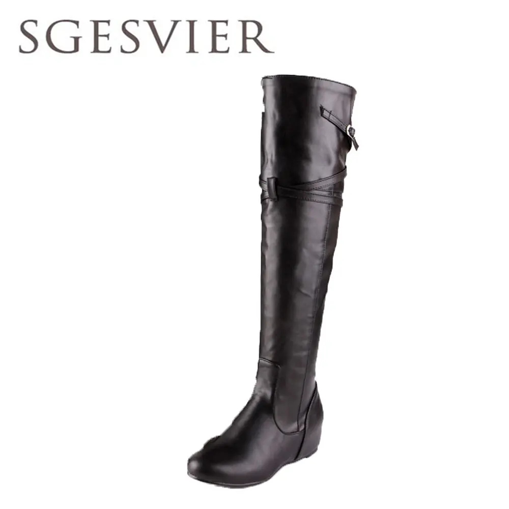 black SGESVIER/женские ботинки; коллекция года; Сезон Зима; Новое поступление; Повседневные высокие сапоги до колена с круглым носком; женская обувь, увеличивающая рост, с пряжкой; 30-47; OX097 - Цвет: black