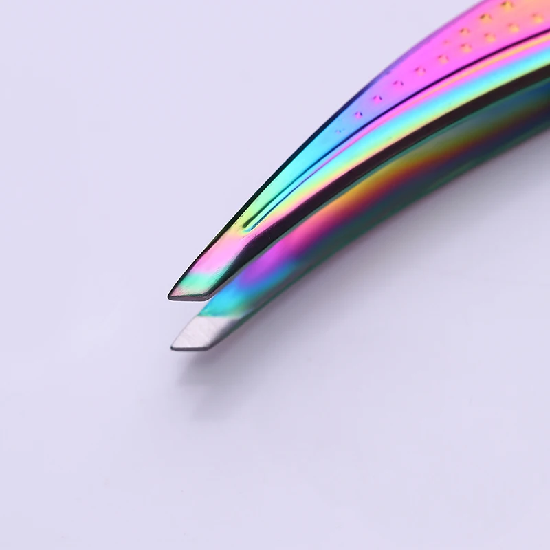 Пинцет для бровей из нержавеющей стали радужной расцветки плоский кончик зажим