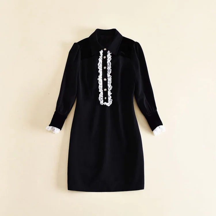 

Women dress lace patchwork spring 2018 vintage turn-down collar slim waist long sleeve dress new arrival