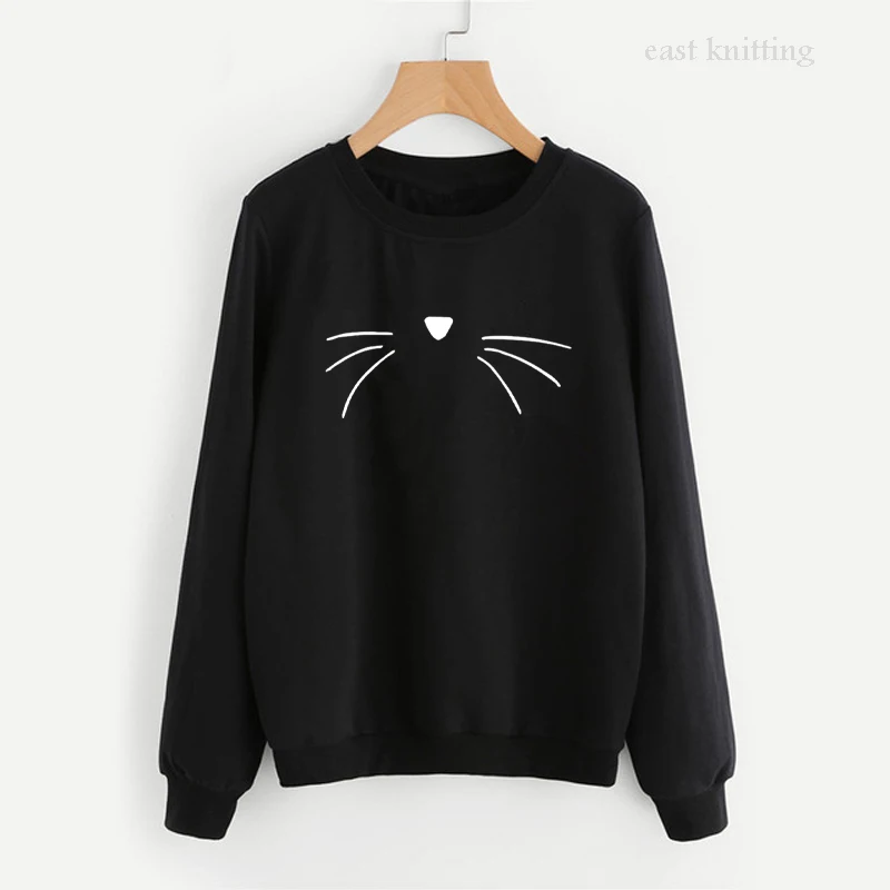 WS0156 Women Cute Cat Face Hoodies Round Neck Casual Print Sweatshirts | Женская одежда