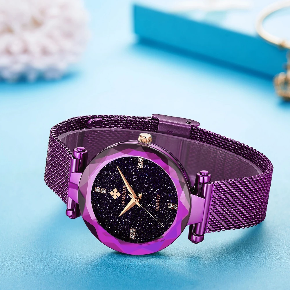 Классические женские часы стразы модные стальные сетчатые WWOOR наручные платье