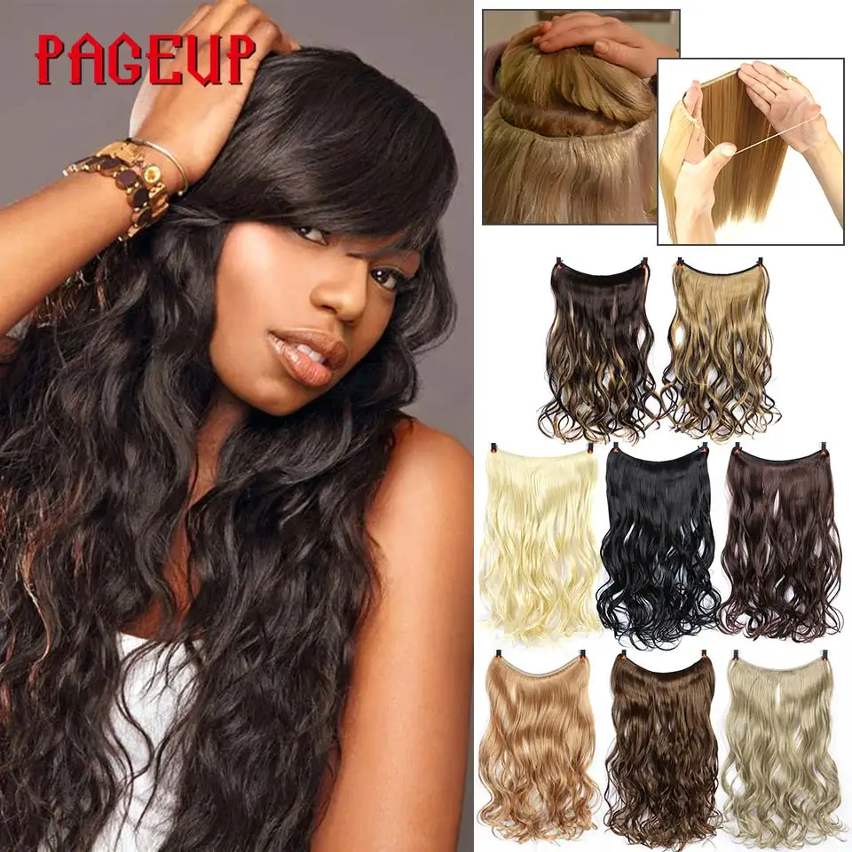 Pageup 20" Secret Fish Line Real Hair Extension One Piece Invisible Wire Wave Natural Blonde Synthetic Fake Hairpieces