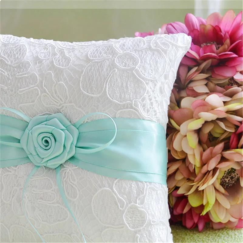 1 шт./лот лента шелк Тиффани синяя Роза кольцо Подушка квадратное кружево для