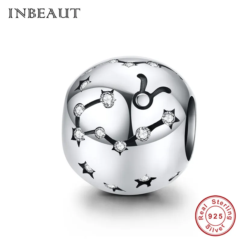 INBEAUT 925 пробы Серебряный Белый CZ 12 бусины с созвездиями браслет Пандора Овен Дева Скорпион Телец талисманы