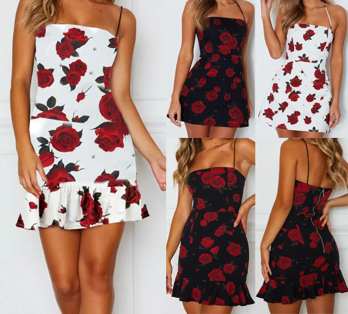 Fashion Women Rose Slip Dress Sleeveless Bandage Bodycon Evening Party Dresses Floral Skater Strap Short Mini Dress retro floral print skater pin up dress