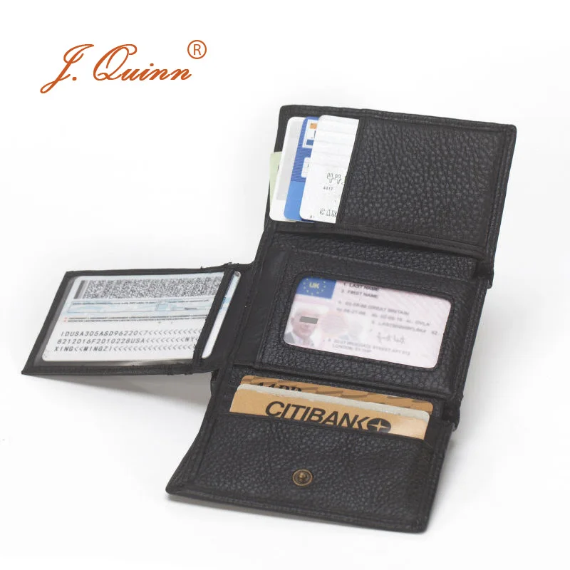 

J.Quinn Men Hasp Trifold Mini Wallets with Flap Card ID 11 Card Holder Genuine Cow Leather Black Mens Short Wallet Small New