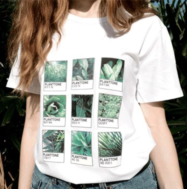 

kuakuayu HJN Planttone Plants Leaf Print T-Shirt Women Tumblr Fashion Cute Aesthetic White Tee