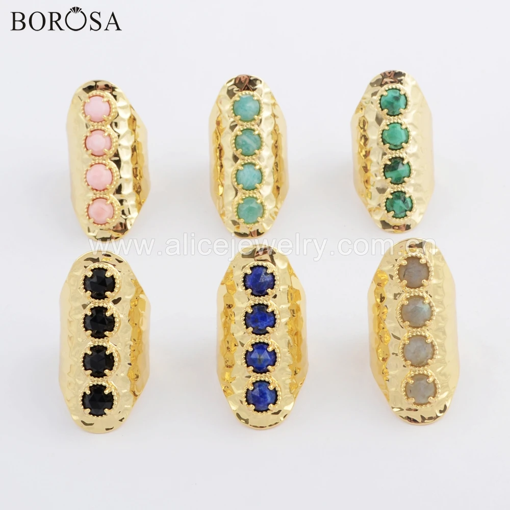 

BOROSA 5PCS Round Gold Bezel Agates Pink Shell Lapis Lazuli 7mm Stone Band Ring Mixed Colors 4 Stones Claw Rings Jewelry ZG0394