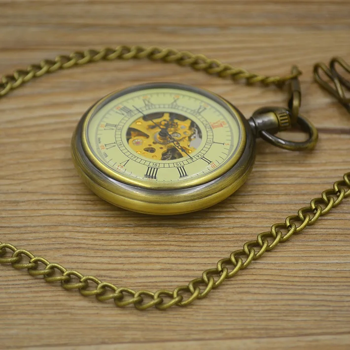 

wholesale fashion self wind Mechanical Pocket Watch men roman number vintage retro Stylish bronze fob watches brass hour new