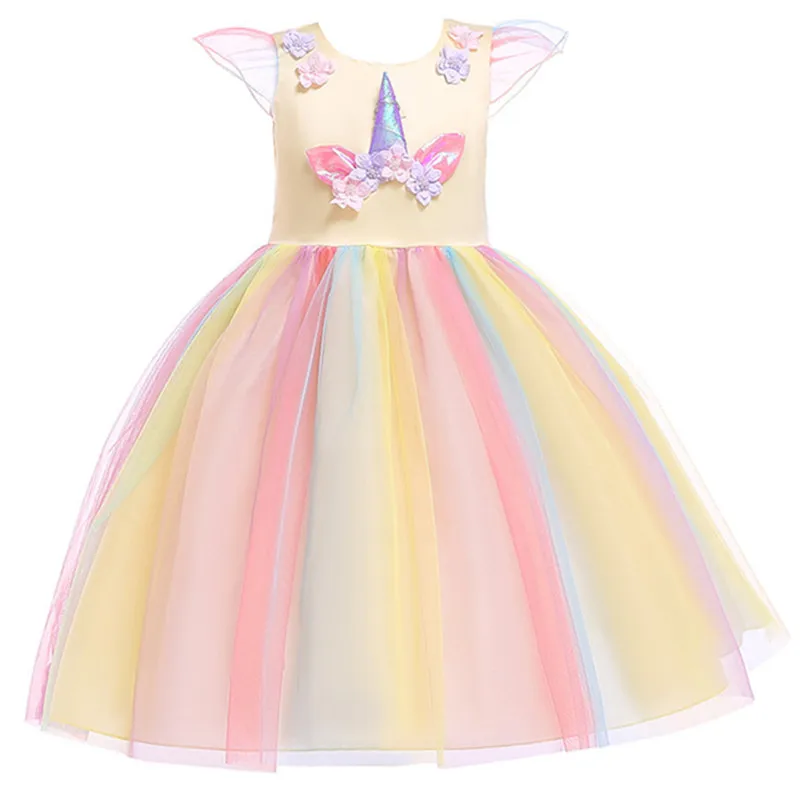 D0056yellow Платье в цветочек для девочек; платье для костюмированной вечеринки с единорогом; платье принцессы на день рождения для девочек; Детский костюм на Хэллоуин с единорогом - Цвет: D0056yellow