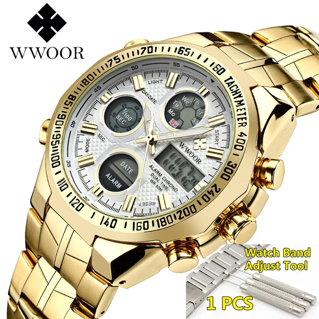 WWOOR Relogio Masculino Топ брендовые роскошные часы мужские часы золотые из нержавеющей стали военные наручные часы с большим циферблатом мужские - Цвет: gold white with tool
