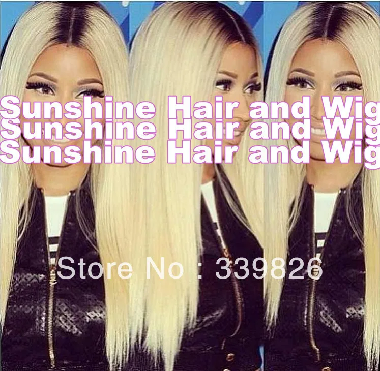 22&quot two tone ombre color #1B/613silky straight glueless full lace virgin brazilian blonde human hair wig Free shipping |
