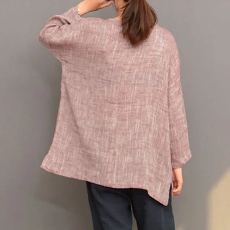 Женская хлопковая блузка с длинным рукавом Однотонная рубашка круглым вырезом