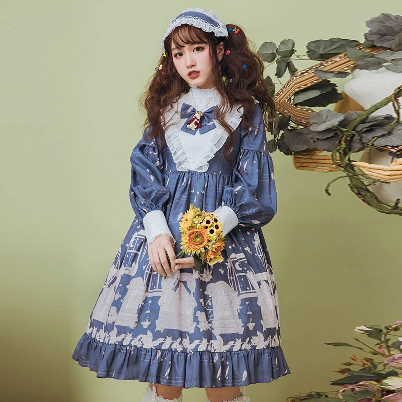 Королевское Платье в стиле Лолиты с длинными рукавами-фонариками и принтом Pea