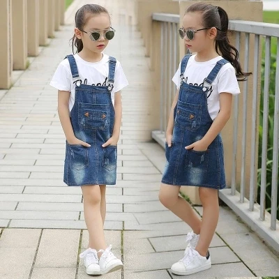 Spring girls clothes autumn girl suspender dress children denim removable strap kid sleeveless 12 14 15 Years | Детская одежда и