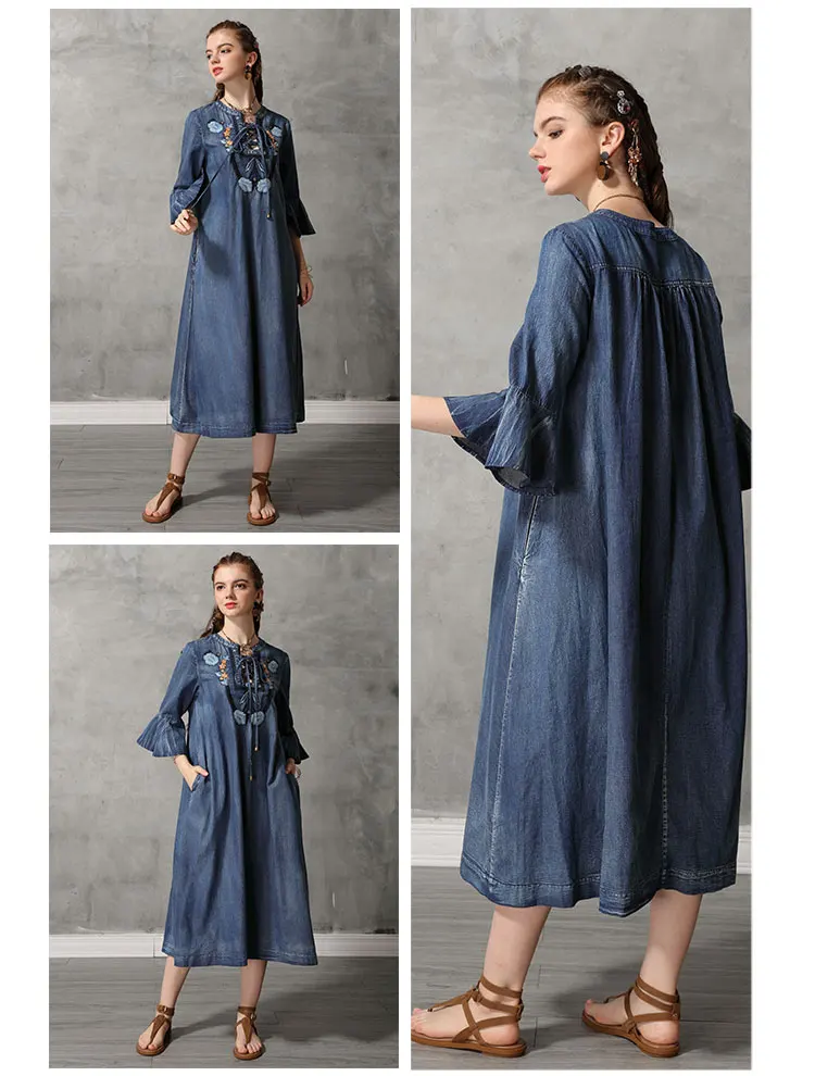 Летнее платье Yuzi. may Boho новые джинсовые женские платья с круглым вырезом и расклешенными рукавами с цветочной вышивкой Vestidos A82169 Vestido