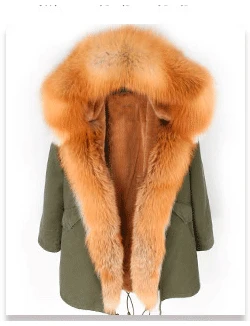 OFTBUY, пальто с натуральным мехом, зимняя куртка, Женская длинная парка, Воротник из натурального Лисьего меха, капюшон, подкладка из искусственного меха, Свободное пальто, ins, модная новинка - Цвет: green coat gold fur