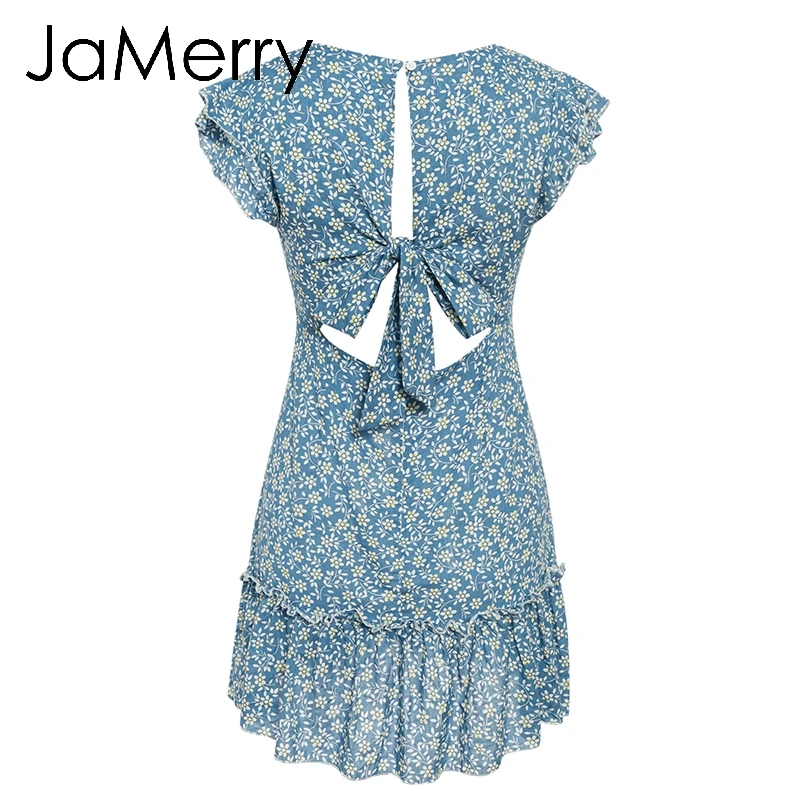 JaMerry Boho Летнее платье с цветочным принтом женское V шейный галстук бабочка рюшами
