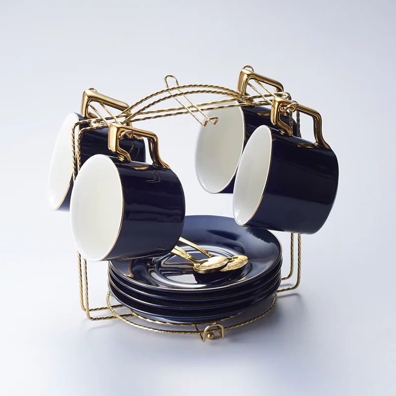 Blue 4Cups n Holder Выразительная фарфоровая кофейная чашка, блюдце, ложка, набор, 200 мл, Скандинавская чайная чашка, керамический чайный набор, расширенная чайная чашка, кофейная чашка эспрессо, Прямая поставка - Цвет: Blue 4Cups n Holder